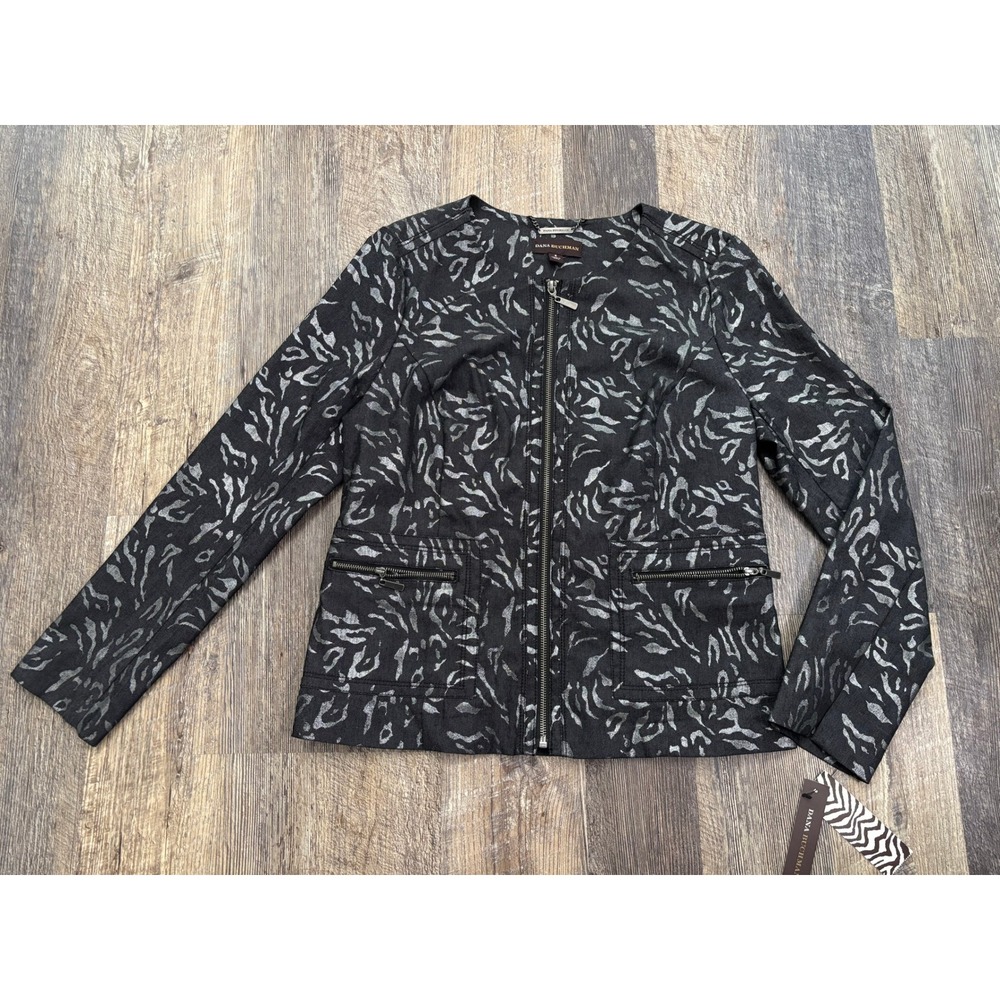 Dana Buchman Womens Metallic Silver Animal Print Zip Front Jacket‎ Blazer Size 8